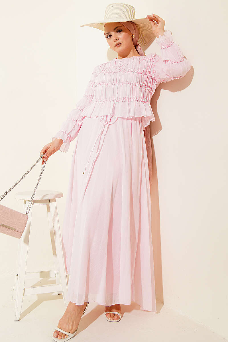 Guipure Blouse and Skirt Set - Pink
