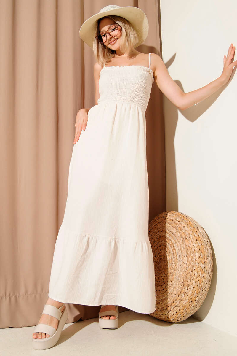 Spaghetti-Strap Muslin Dress with Guipure - Beige