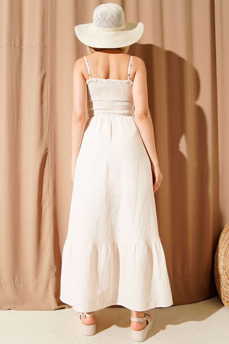 Spaghetti-Strap Muslin Dress with Guipure - Beige