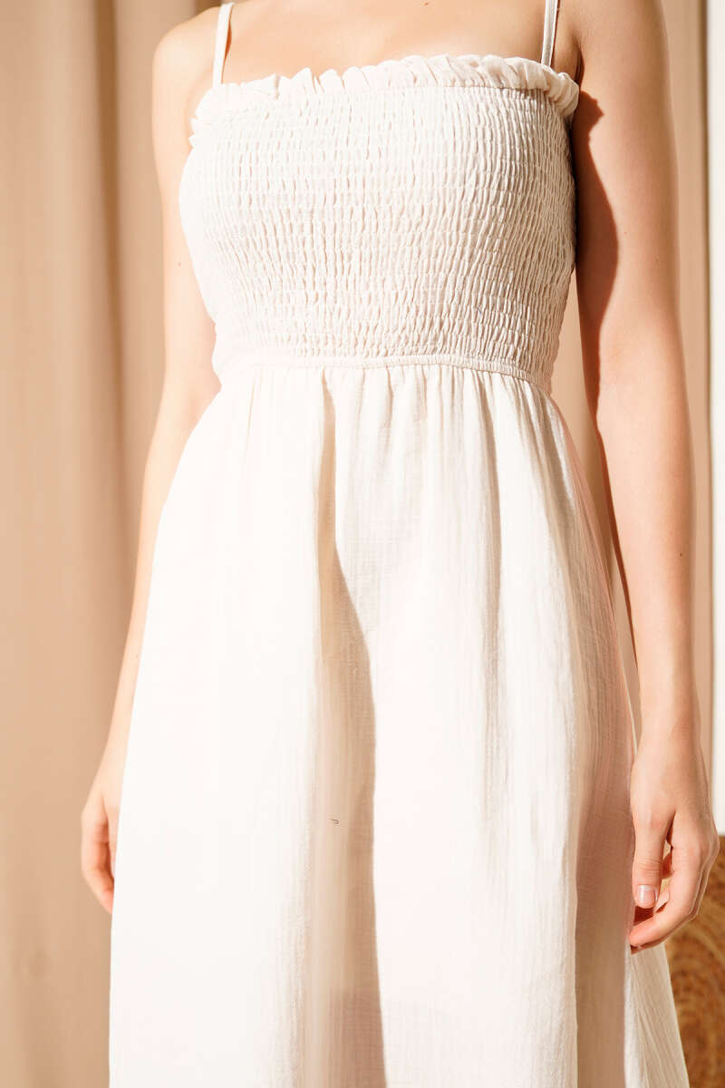 Spaghetti-Strap Muslin Dress with Guipure - Beige