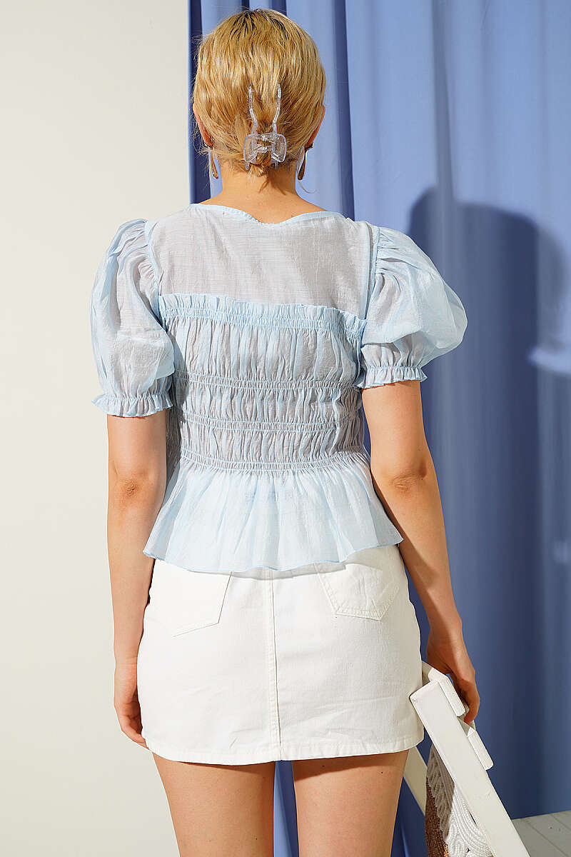 Short-Sleeve Guipure Tulle Blouse - Light Blue