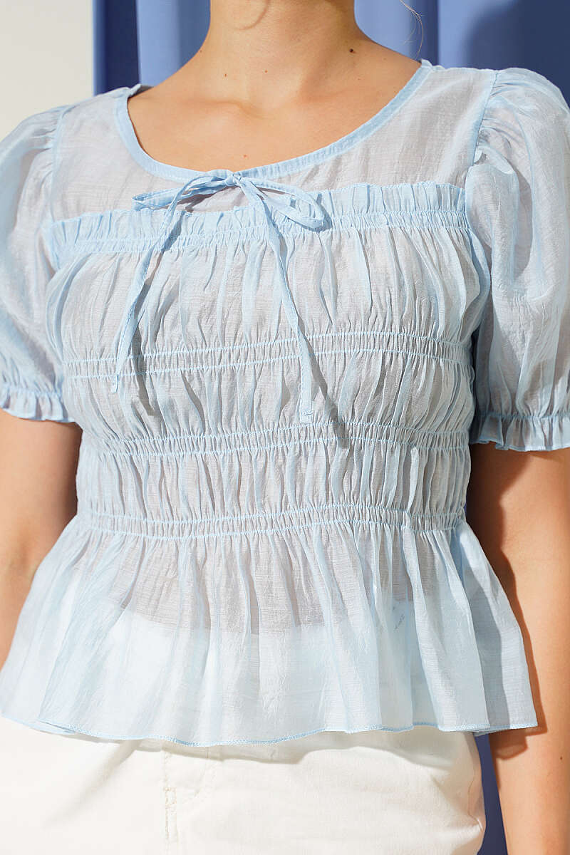 Short-Sleeve Guipure Tulle Blouse - Light Blue