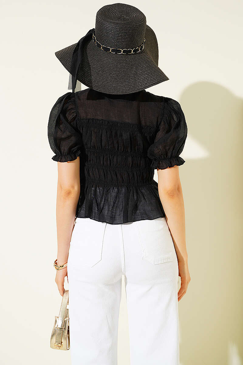 Short-Sleeve Guipure Tulle Blouse - Black