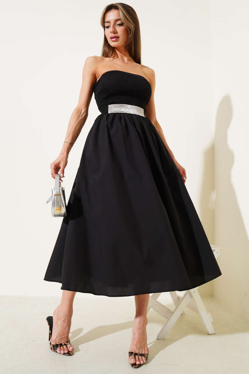 Strapless Guipure Midi Dress - Black