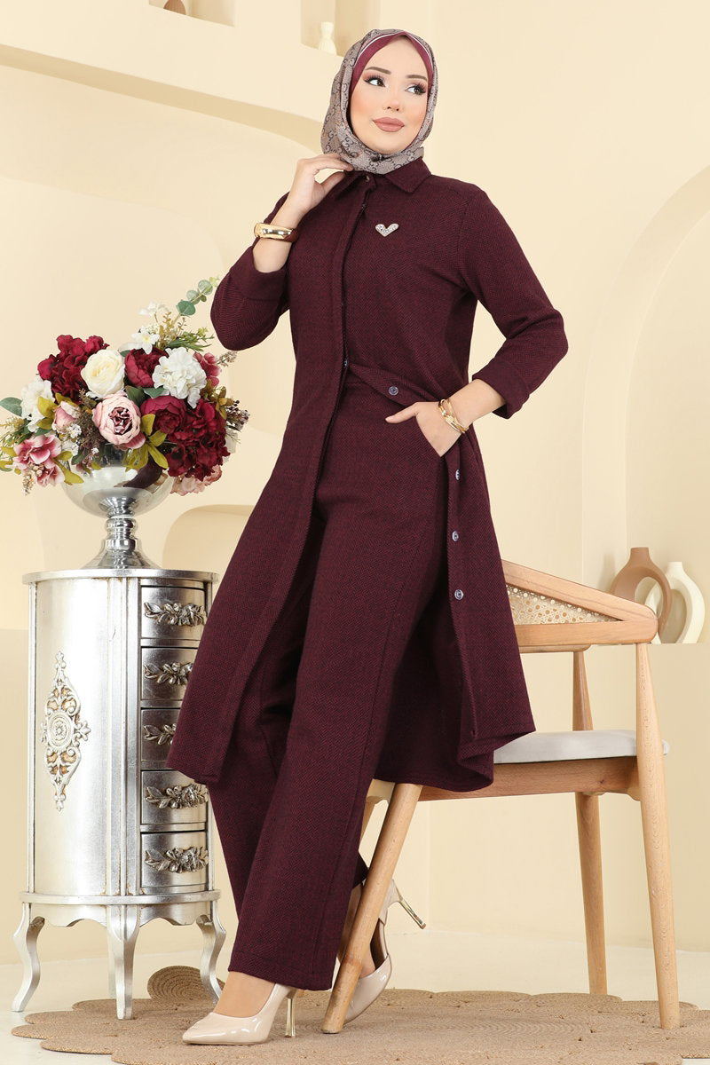 Herringbone Set with Concealed Buttons - Burgundy