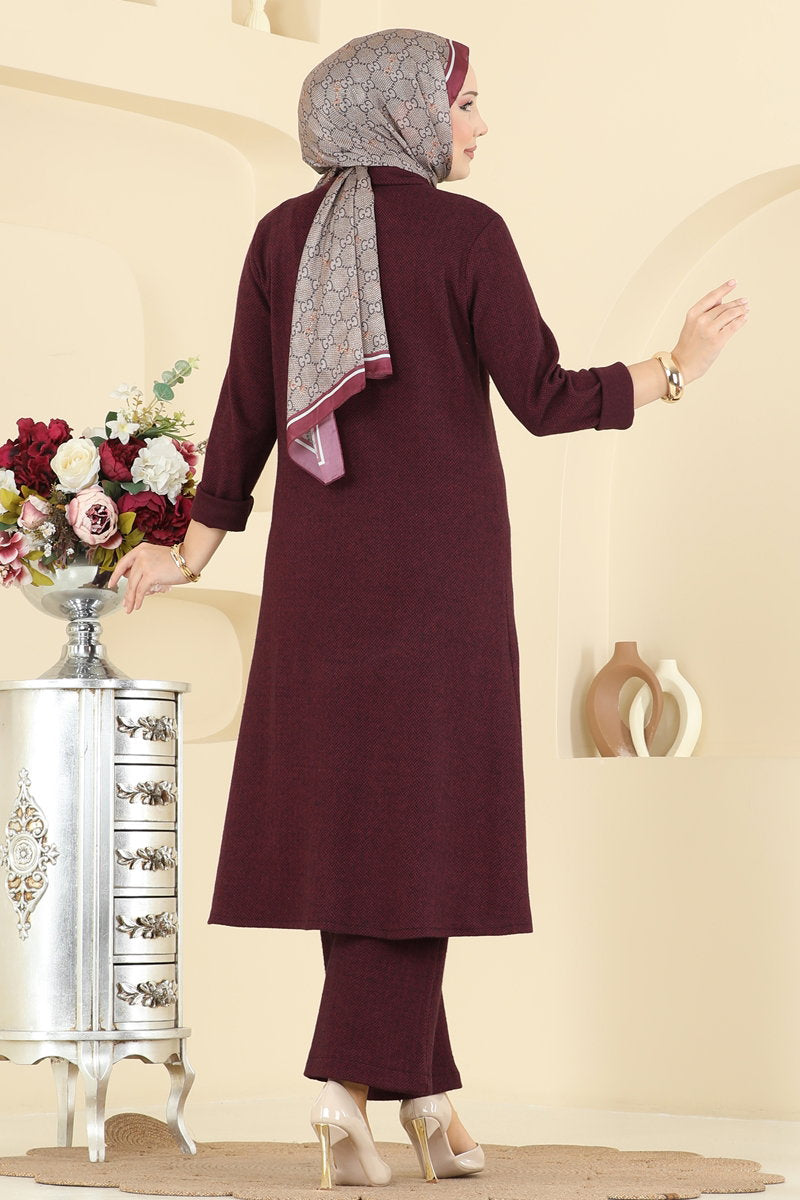 Herringbone Set with Concealed Buttons - Burgundy
