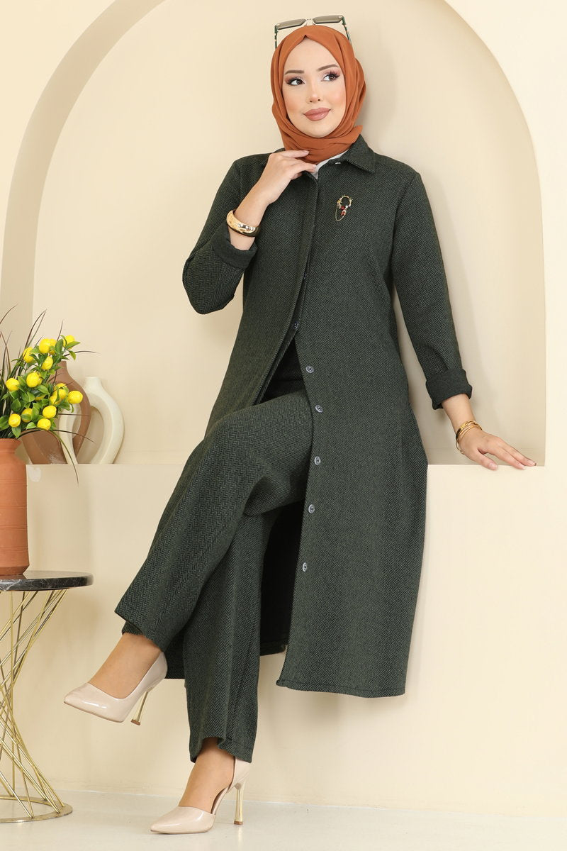 Herringbone Set with Concealed Buttons - Khaki