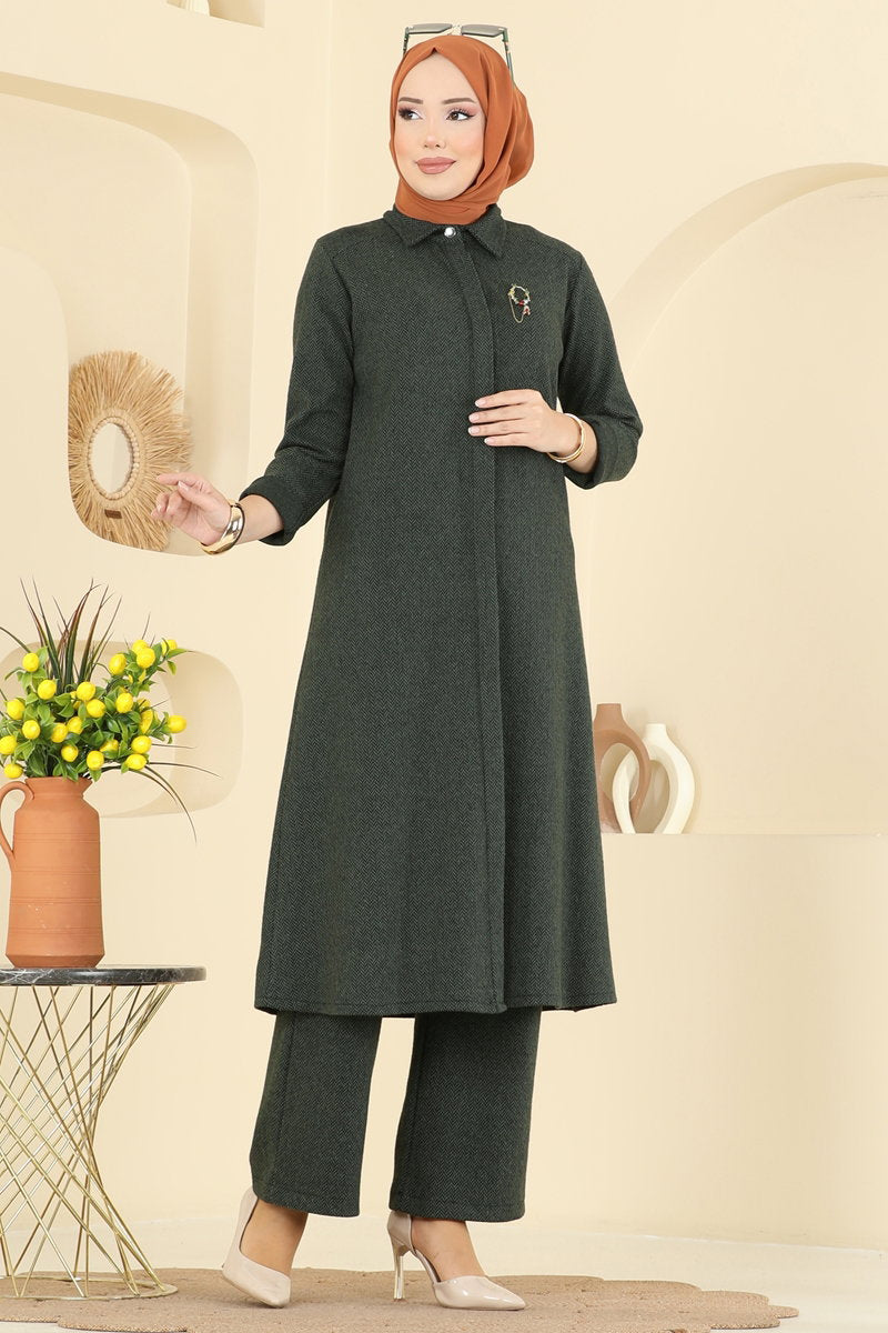 Herringbone Set with Concealed Buttons - Khaki