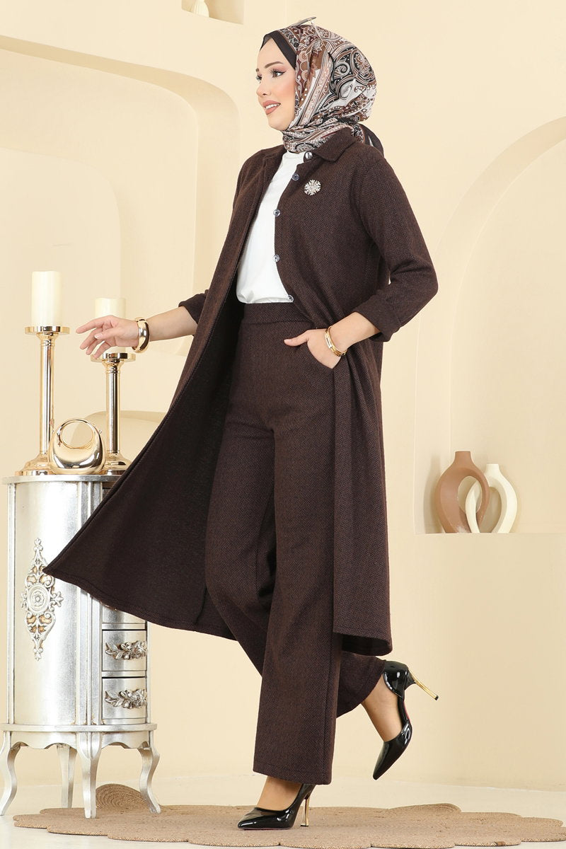 Herringbone Set with Concealed Buttons - Brown