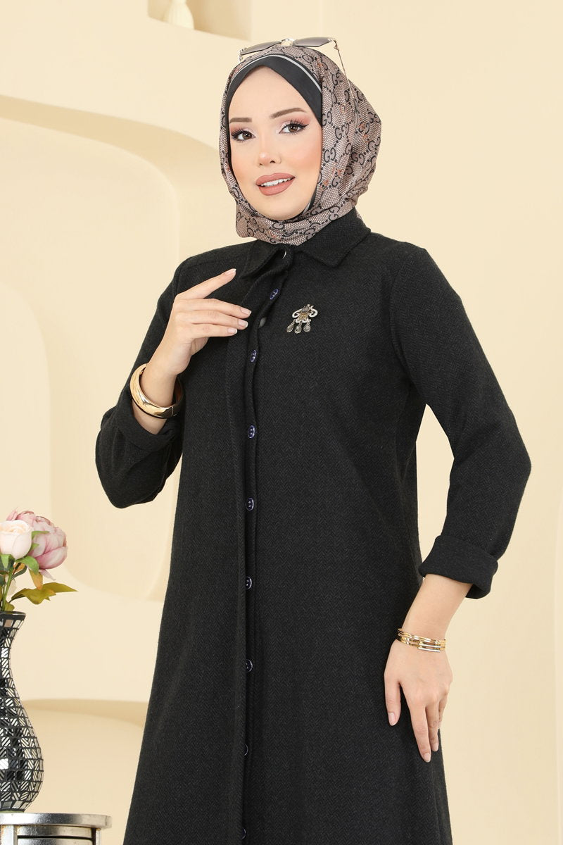 Herringbone Set with Concealed Buttons - Black