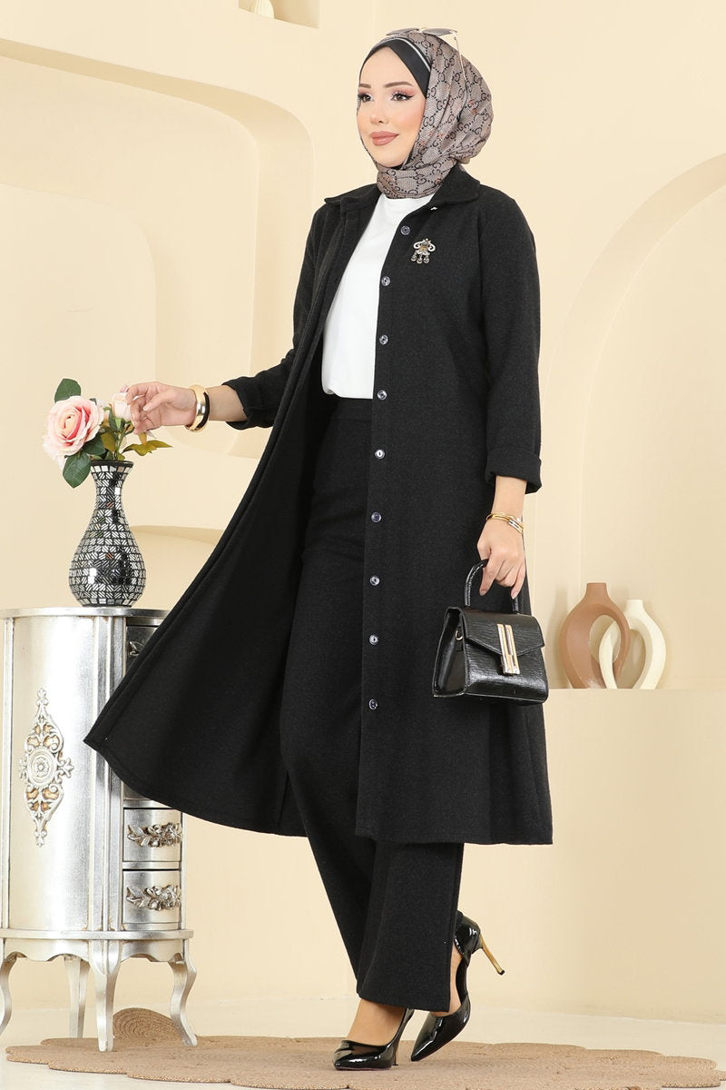 Herringbone Set with Concealed Buttons - Black