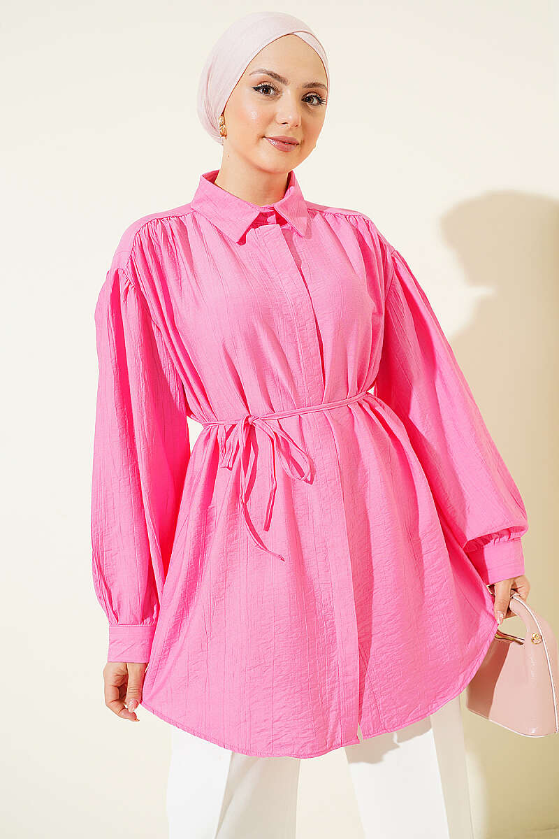Balloon-Sleeve Shirt with Concealed Buttons and Tie Belt - Fuchsia