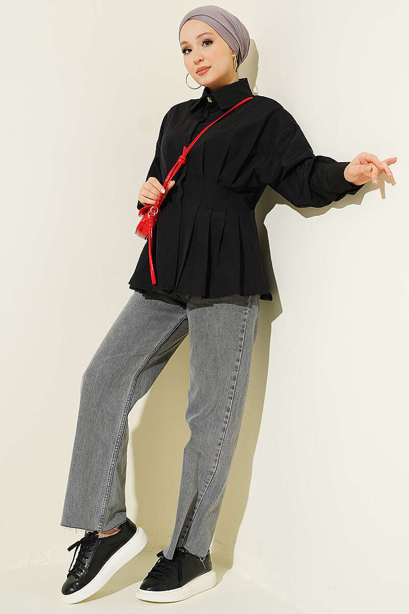 Shirt with Concealed Buttons and Waist Darts - Black