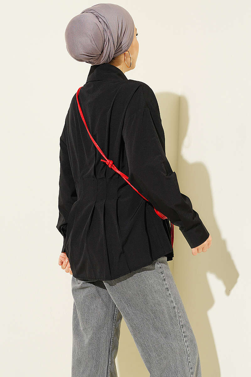 Shirt with Concealed Buttons and Waist Darts - Black