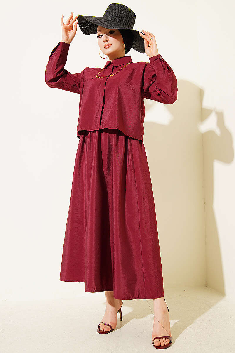 Blouse and Skirt Set with Concealed Buttons - Burgundy