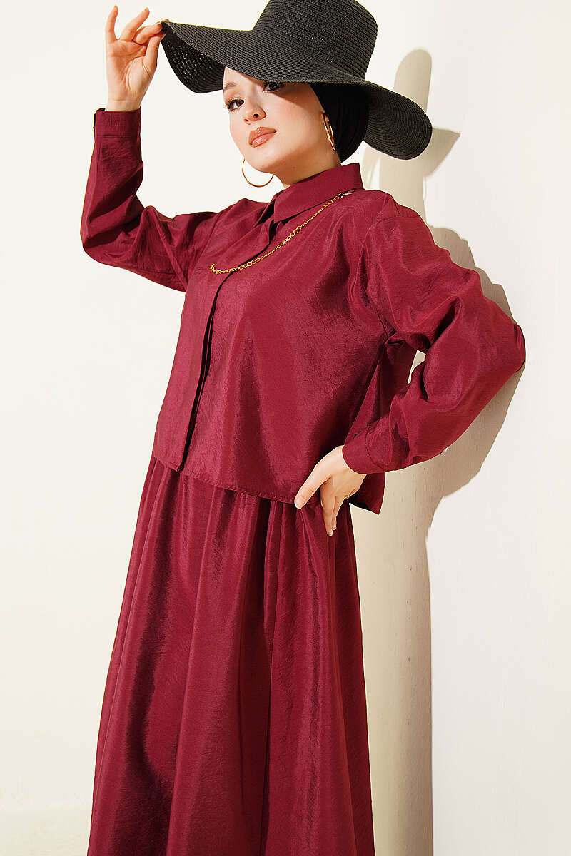 Blouse and Skirt Set with Concealed Buttons - Burgundy
