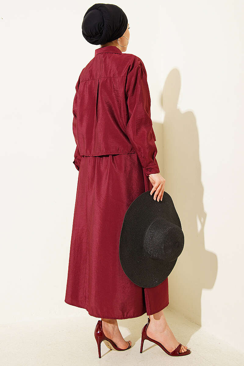Blouse and Skirt Set with Concealed Buttons - Burgundy