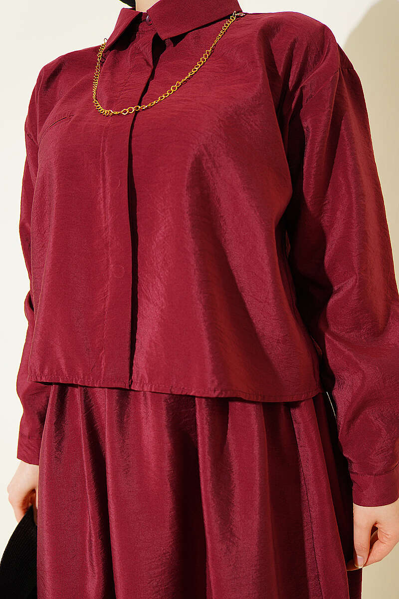 Blouse and Skirt Set with Concealed Buttons - Burgundy