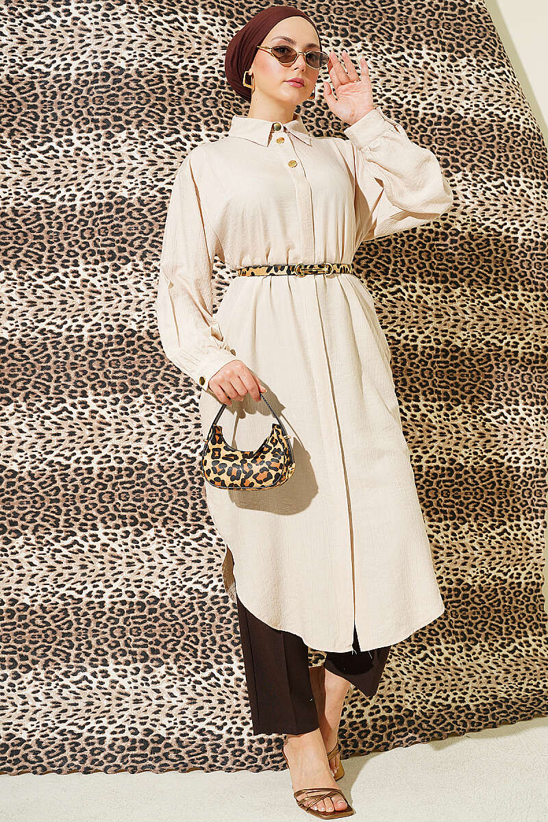 Long Shirt with Concealed Buttons and Pockets - Beige