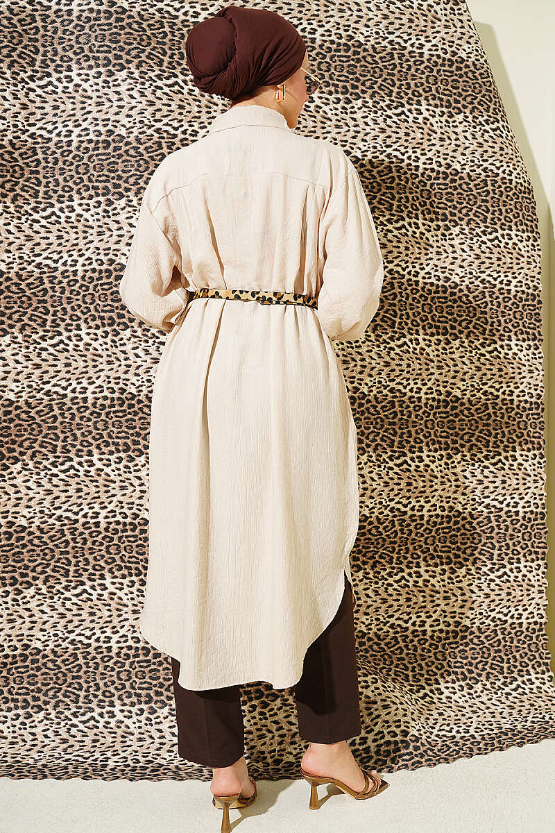 Long Shirt with Concealed Buttons and Pockets - Beige