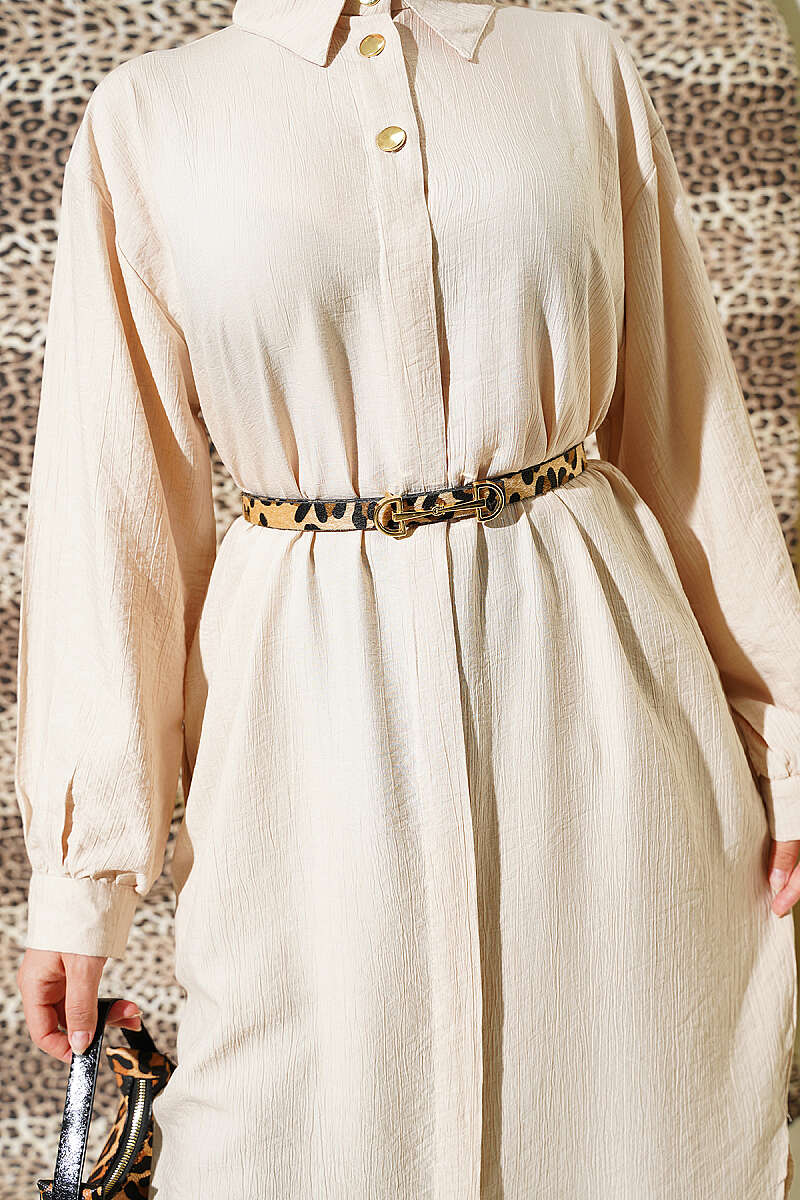 Long Shirt with Concealed Buttons and Pockets - Beige