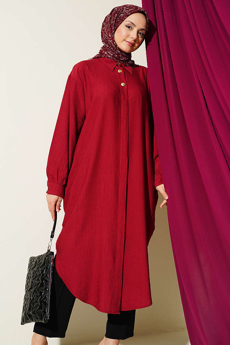 Long Shirt with Concealed Buttons and Pockets - Burgundy