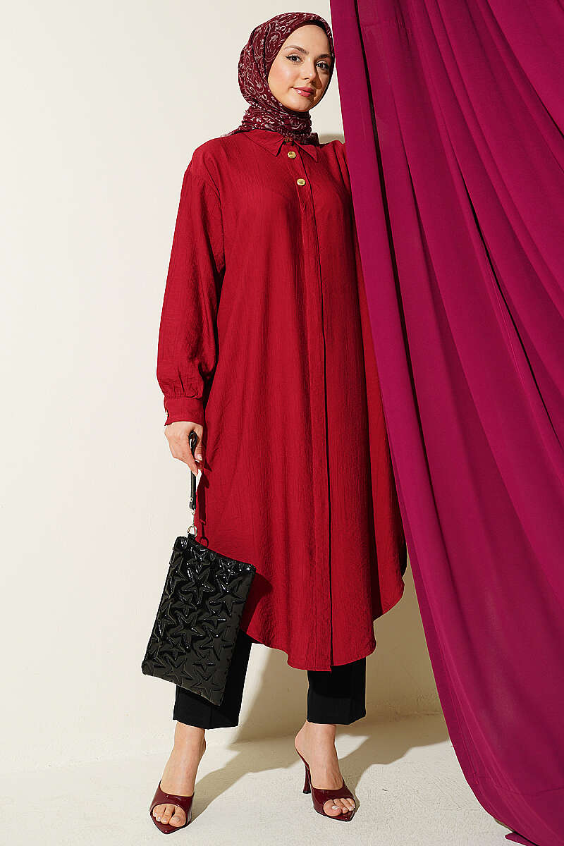 Long Shirt with Concealed Buttons and Pockets - Burgundy