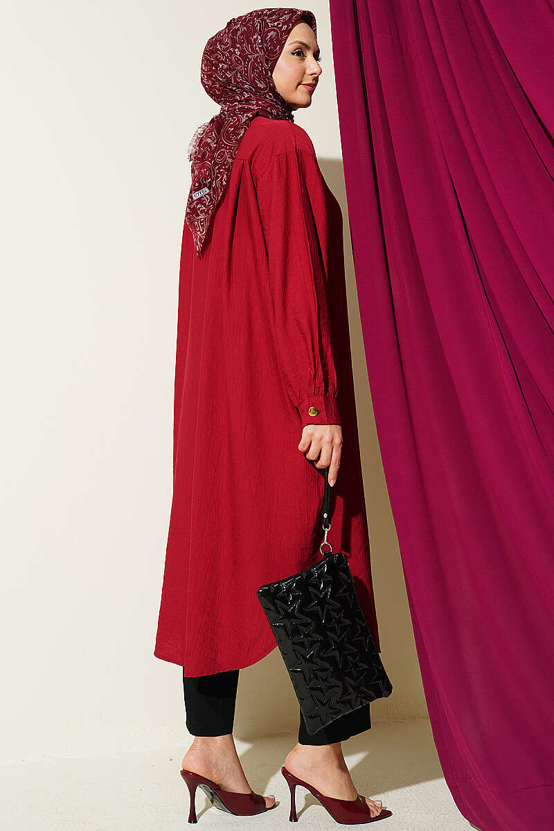 Long Shirt with Concealed Buttons and Pockets - Burgundy