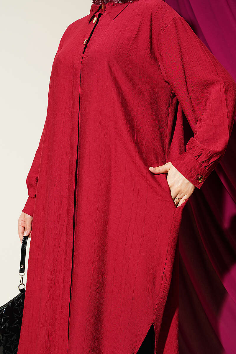 Long Shirt with Concealed Buttons and Pockets - Burgundy
