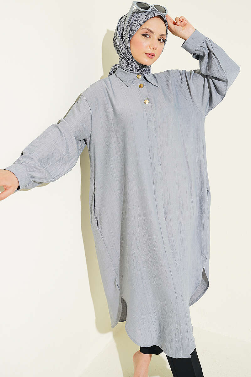 Long Shirt with Concealed Buttons and Pockets - Grey