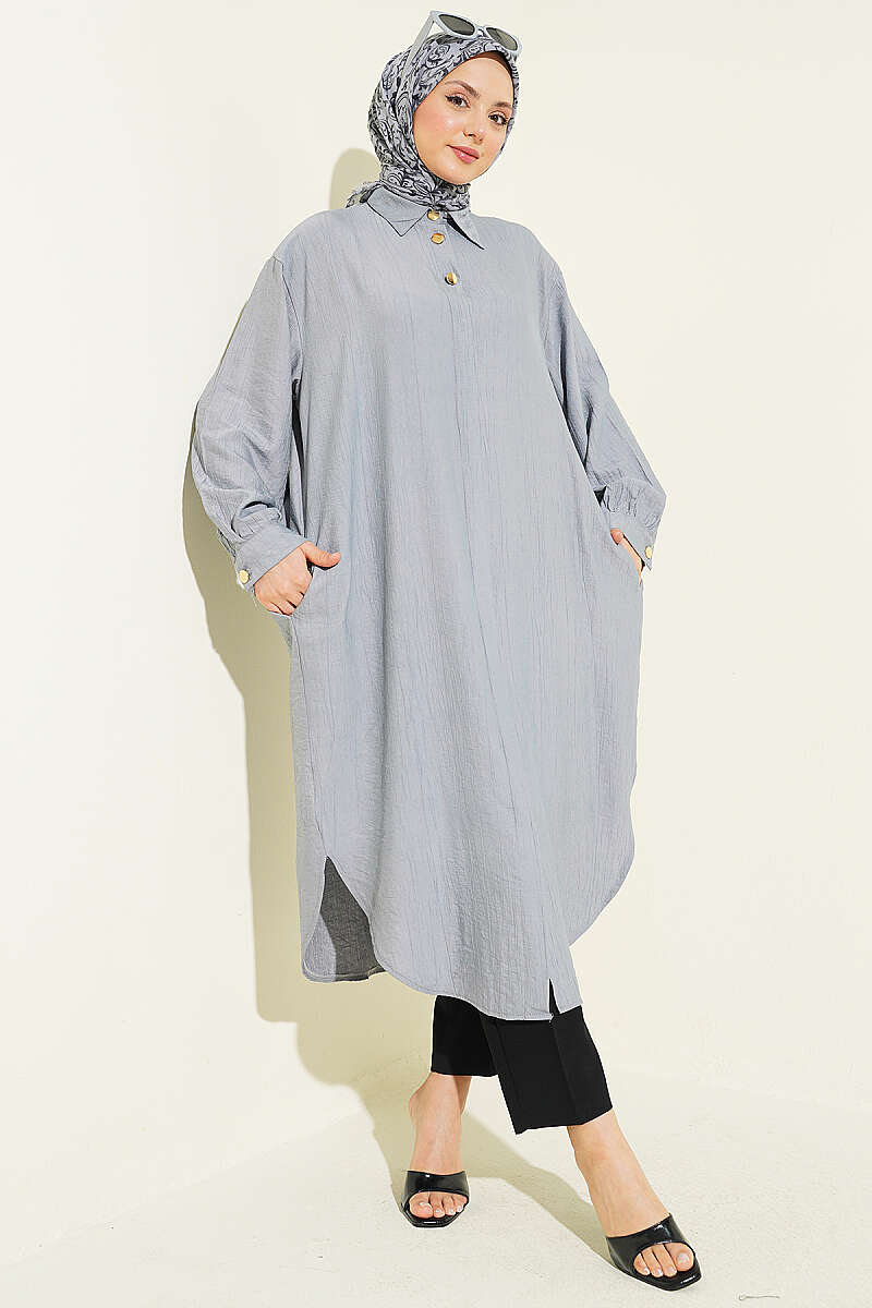 Long Shirt with Concealed Buttons and Pockets - Grey