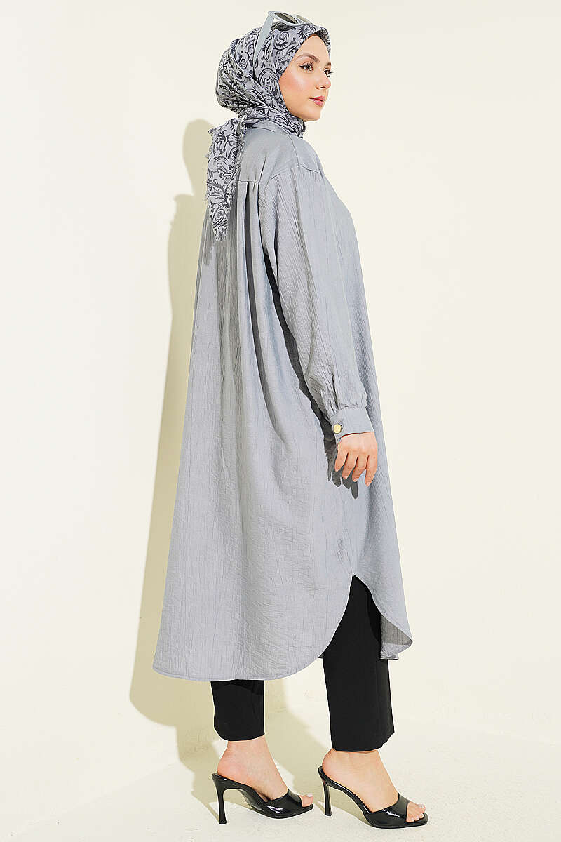 Long Shirt with Concealed Buttons and Pockets - Grey