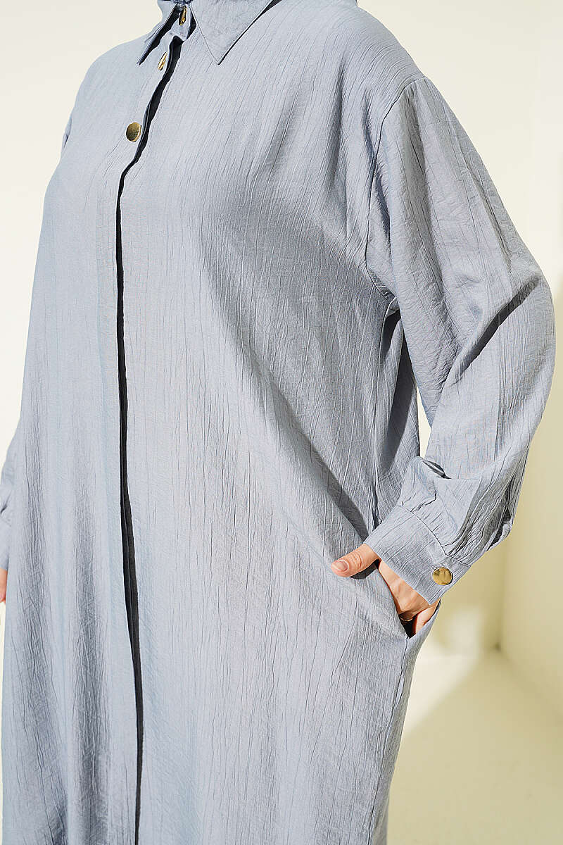 Long Shirt with Concealed Buttons and Pockets - Grey
