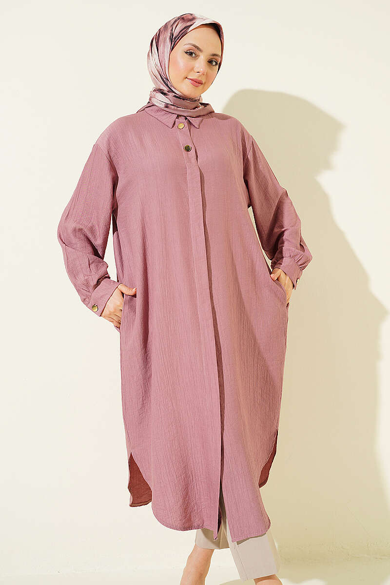 Long Shirt with Concealed Buttons and Pockets - Dusty Rose