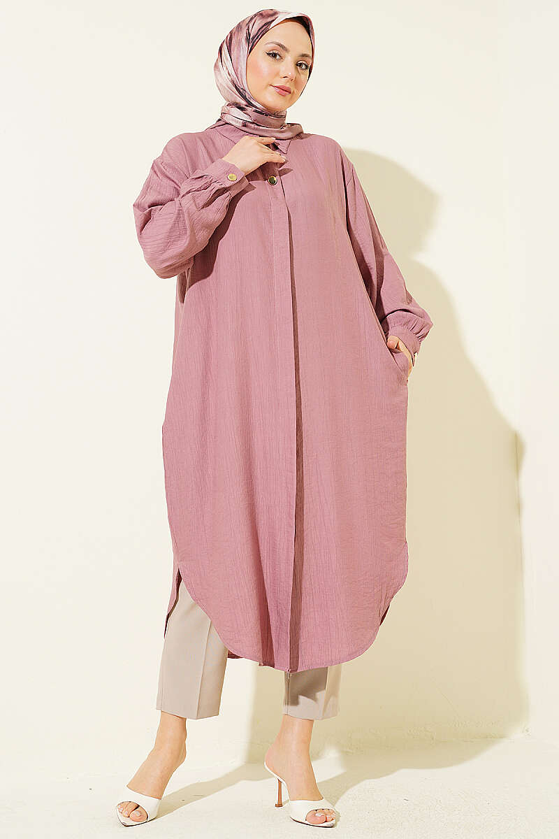 Long Shirt with Concealed Buttons and Pockets - Dusty Rose