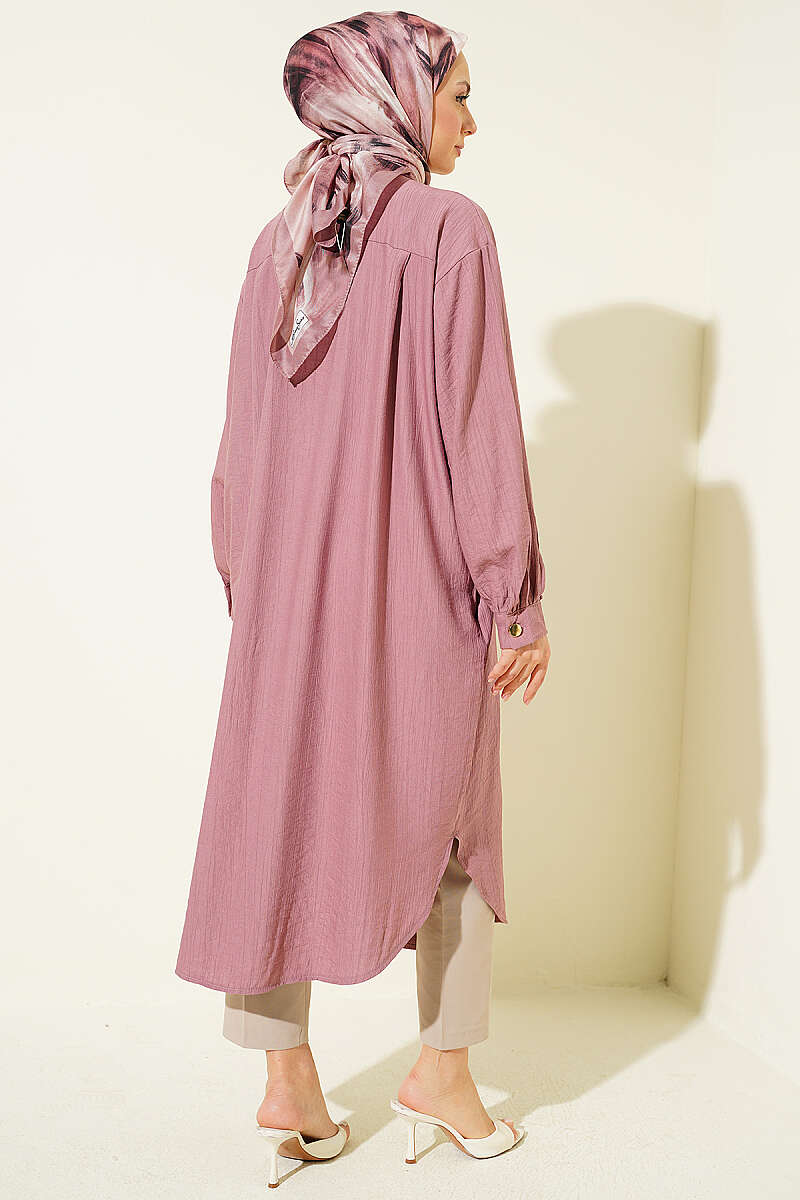 Long Shirt with Concealed Buttons and Pockets - Dusty Rose