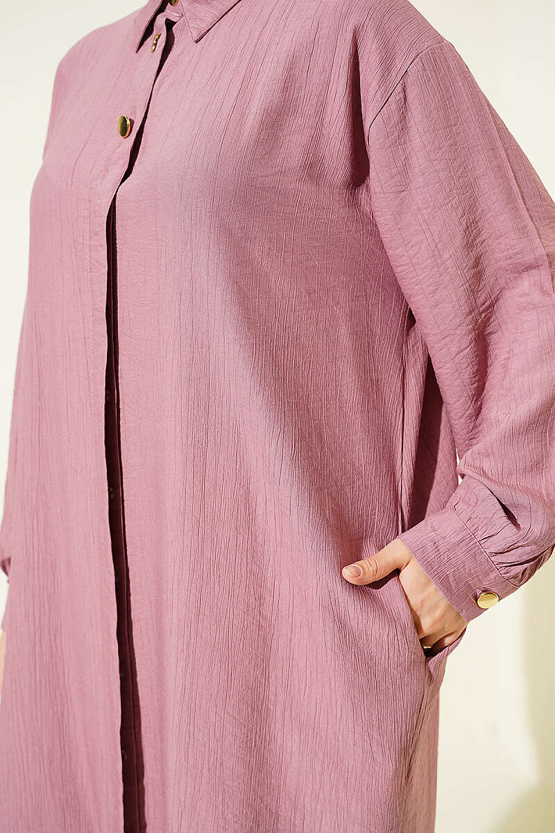 Long Shirt with Concealed Buttons and Pockets - Dusty Rose