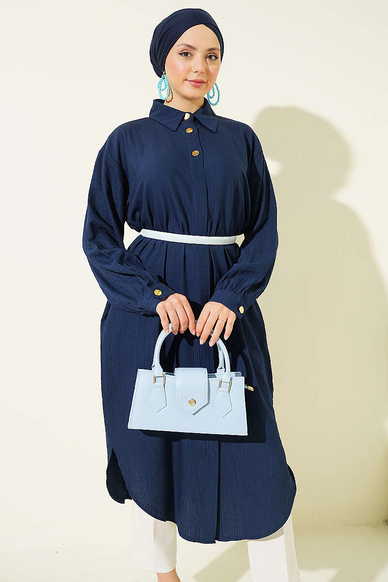 Long Shirt with Concealed Buttons and Pockets - Navy