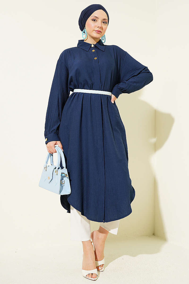Long Shirt with Concealed Buttons and Pockets - Navy