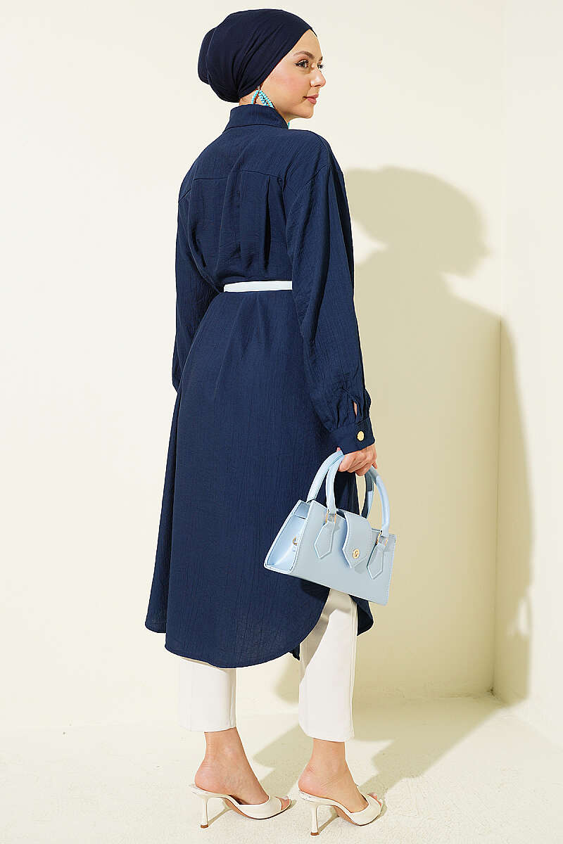 Long Shirt with Concealed Buttons and Pockets - Navy