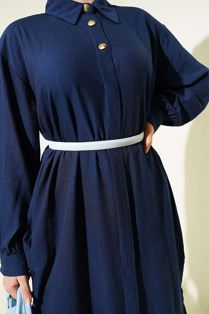 Long Shirt with Concealed Buttons and Pockets - Navy