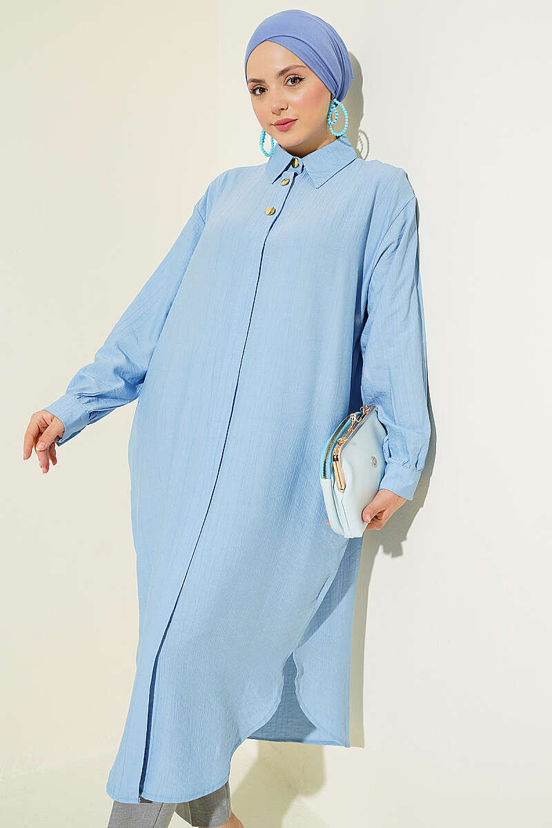 Long Shirt with Concealed Buttons and Pockets - Blue
