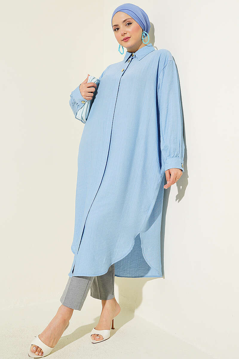 Long Shirt with Concealed Buttons and Pockets - Blue