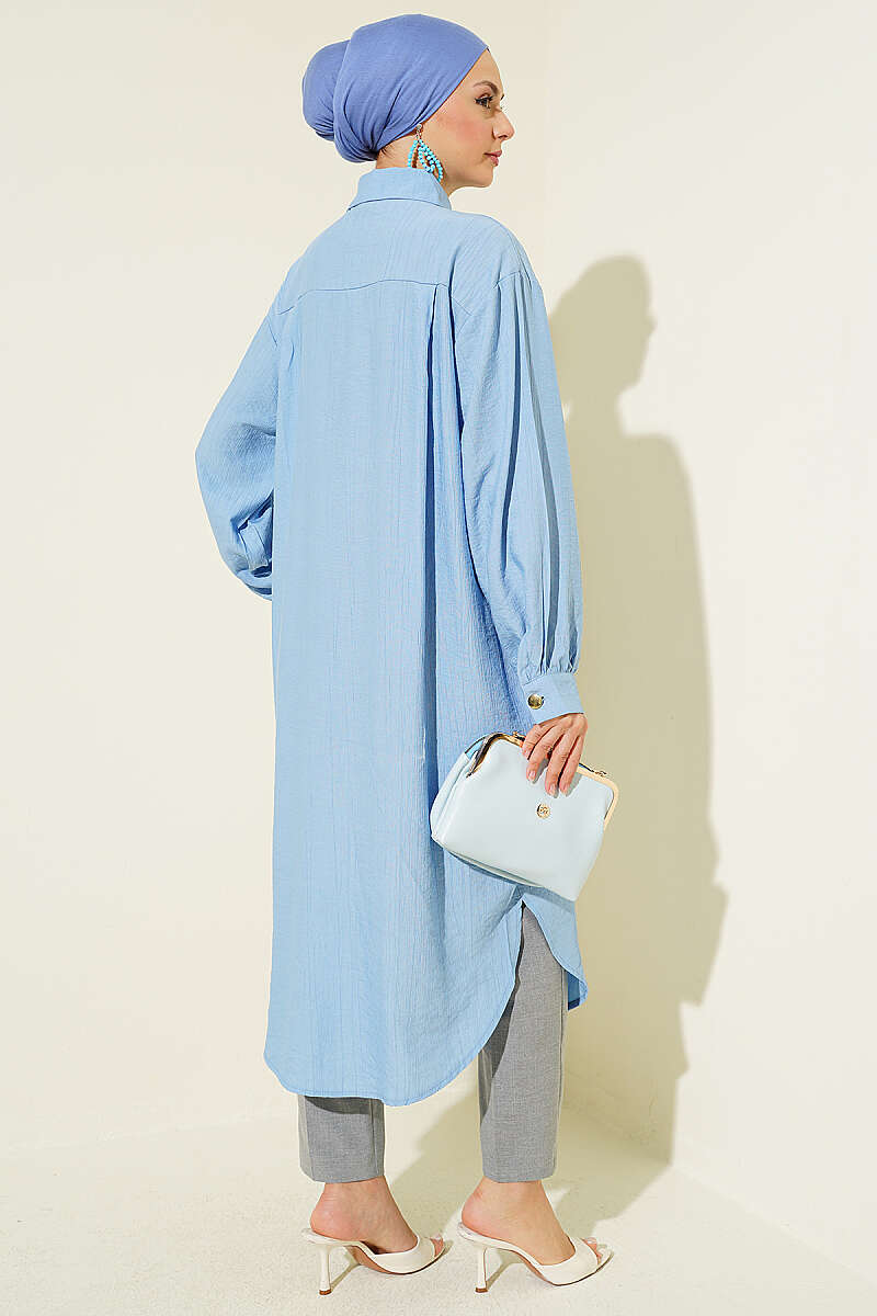 Long Shirt with Concealed Buttons and Pockets - Blue