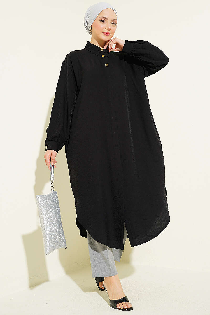 Long Shirt with Concealed Buttons and Pockets - Black