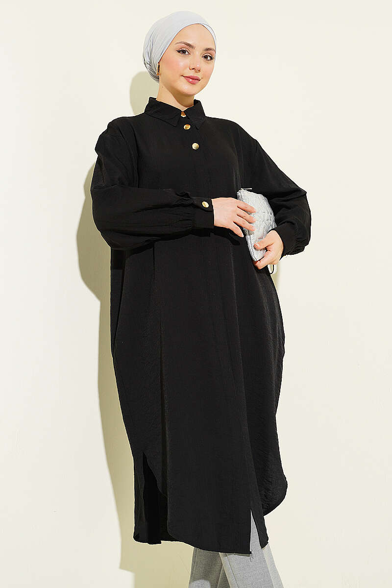 Long Shirt with Concealed Buttons and Pockets - Black