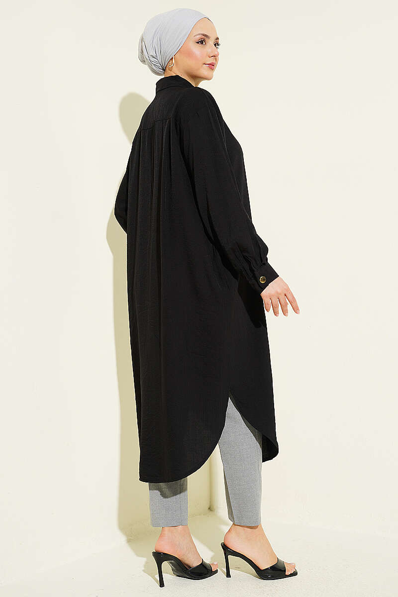 Long Shirt with Concealed Buttons and Pockets - Black