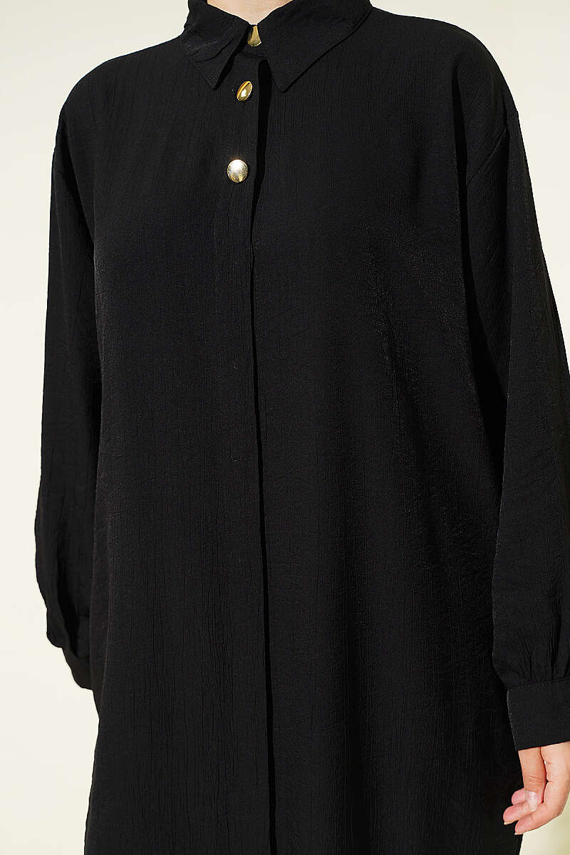 Long Shirt with Concealed Buttons and Pockets - Black
