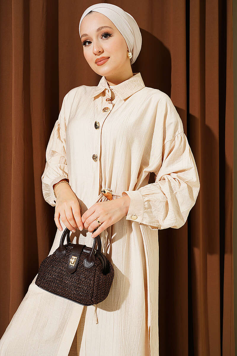 Long Tunic Set with Concealed Buttons and Tie Detail - Beige