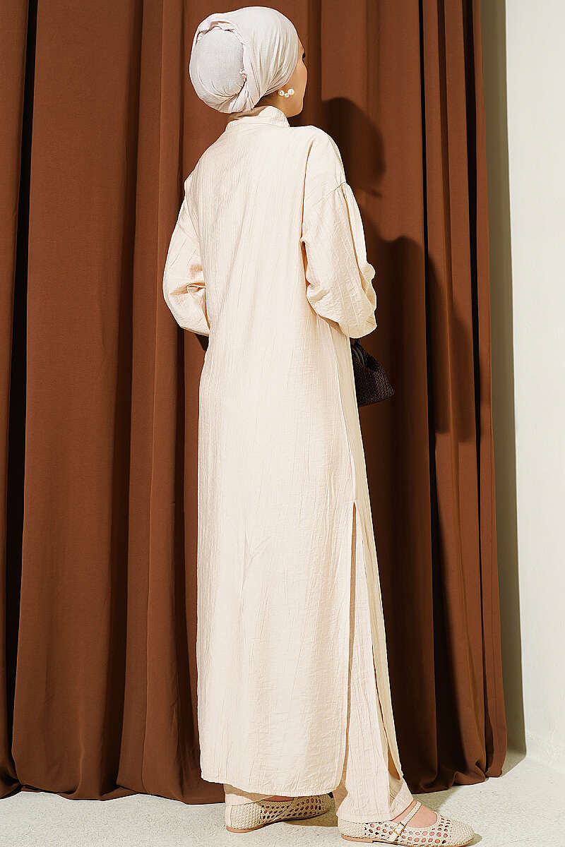 Long Tunic Set with Concealed Buttons and Tie Detail - Beige